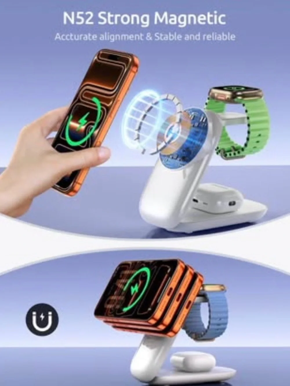NEW - 3-in-1 Wireless Charging Station for iphone,Foldable Magnetic Stand